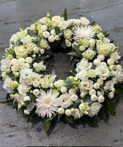 Heavenly Kath - Wreath of mixed seasonal white flowers and foliages