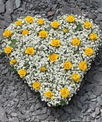 Sleep well - Heart shapded tribute of gyp and yellow roses
